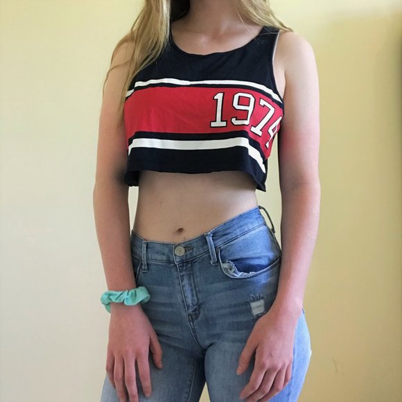 Navy, red, and white striped graphic 1974 crop top - Picture 5 of 7